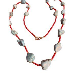 Turquoise Dyed Howlite Red Seed Bead Necklace Western Beach Vacation Estate 28"